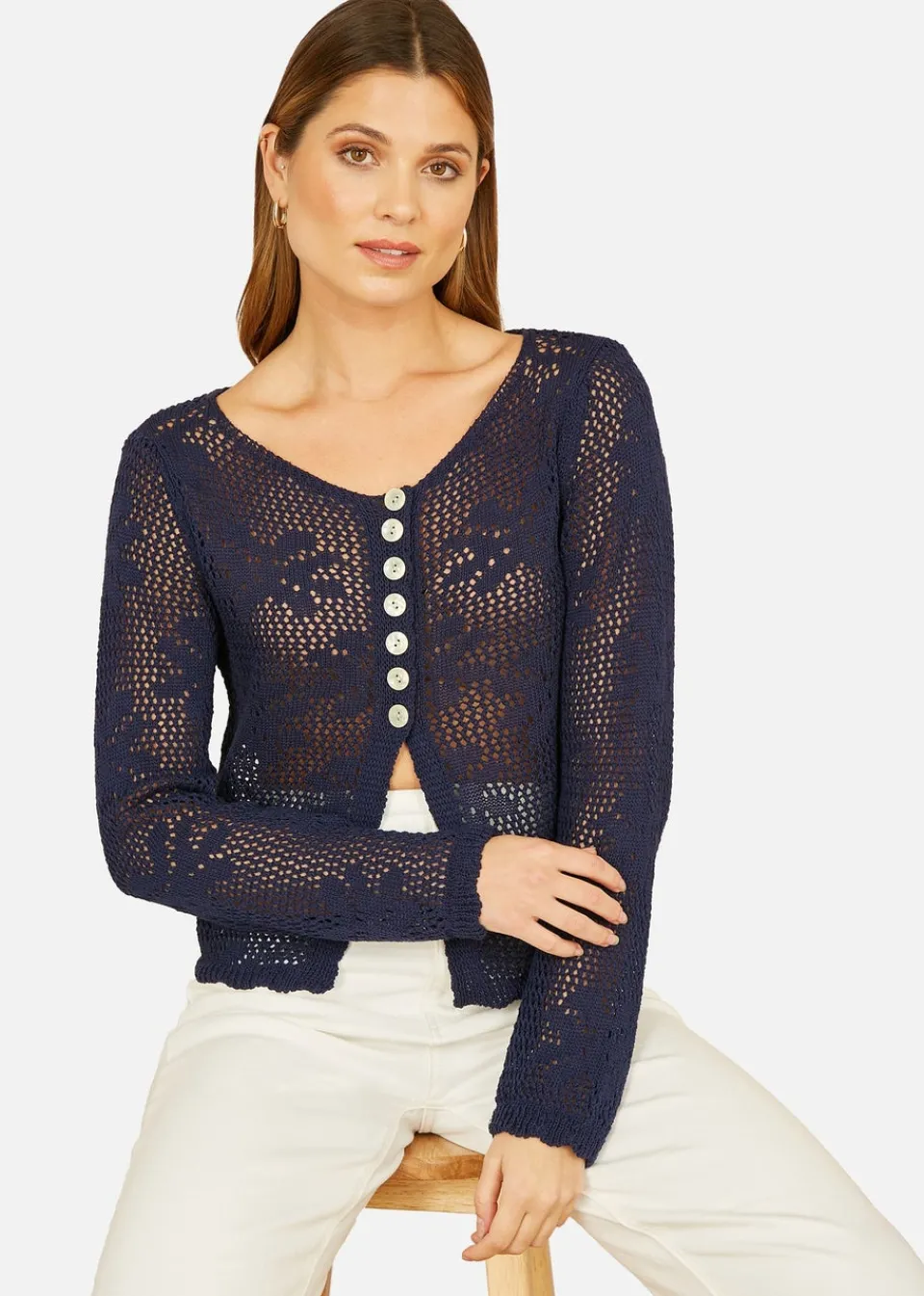 Tops>Yumi Flower Crochet Button Up Cardigan Navy