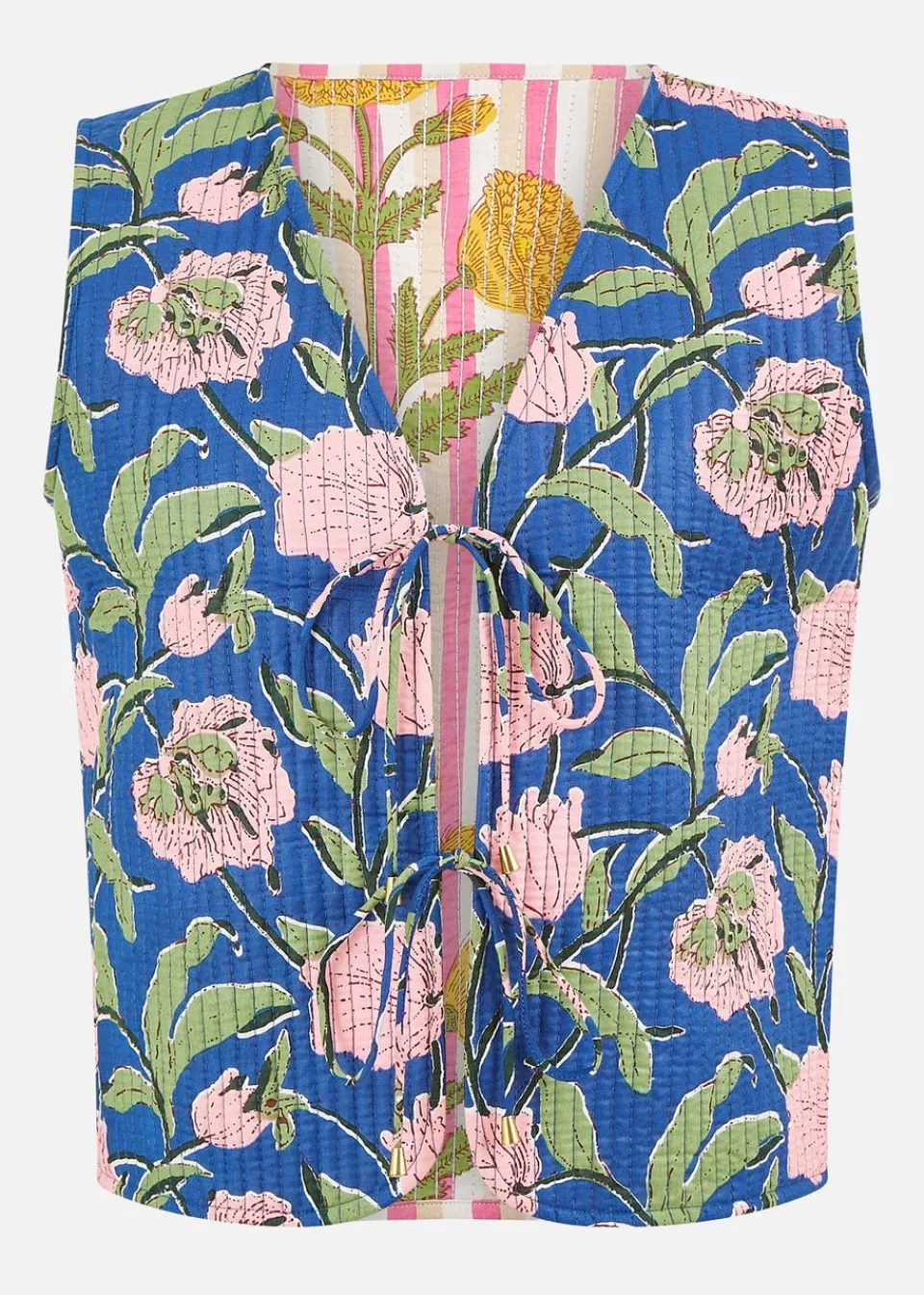 Tops>Yumi Navy Flower Reversible Cotton Quilted Waistcoat