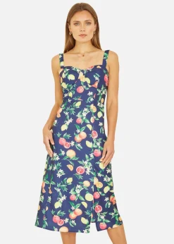 Dresses>Yumi Navy Fruit Print Strappy Sundress With Front Split