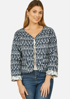 Coats & Jackets>Yumi Navy Ikat Reversible Cotton Quilted Jacket