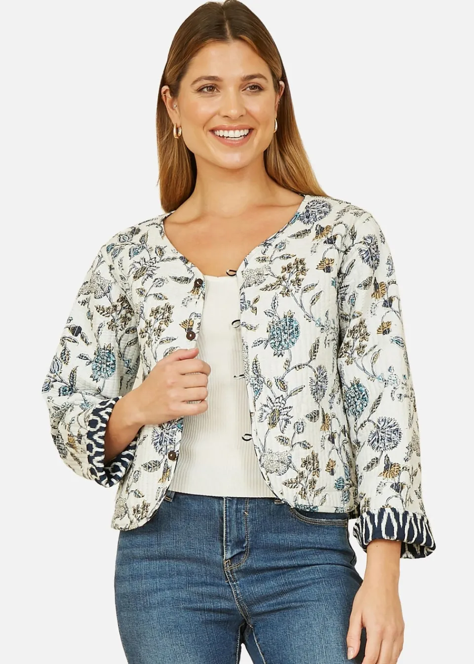 Coats & Jackets>Yumi Navy Ikat Reversible Cotton Quilted Jacket