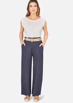 Trousers>Yumi Italian Linen Wide Leg Trousers With Belt Navy