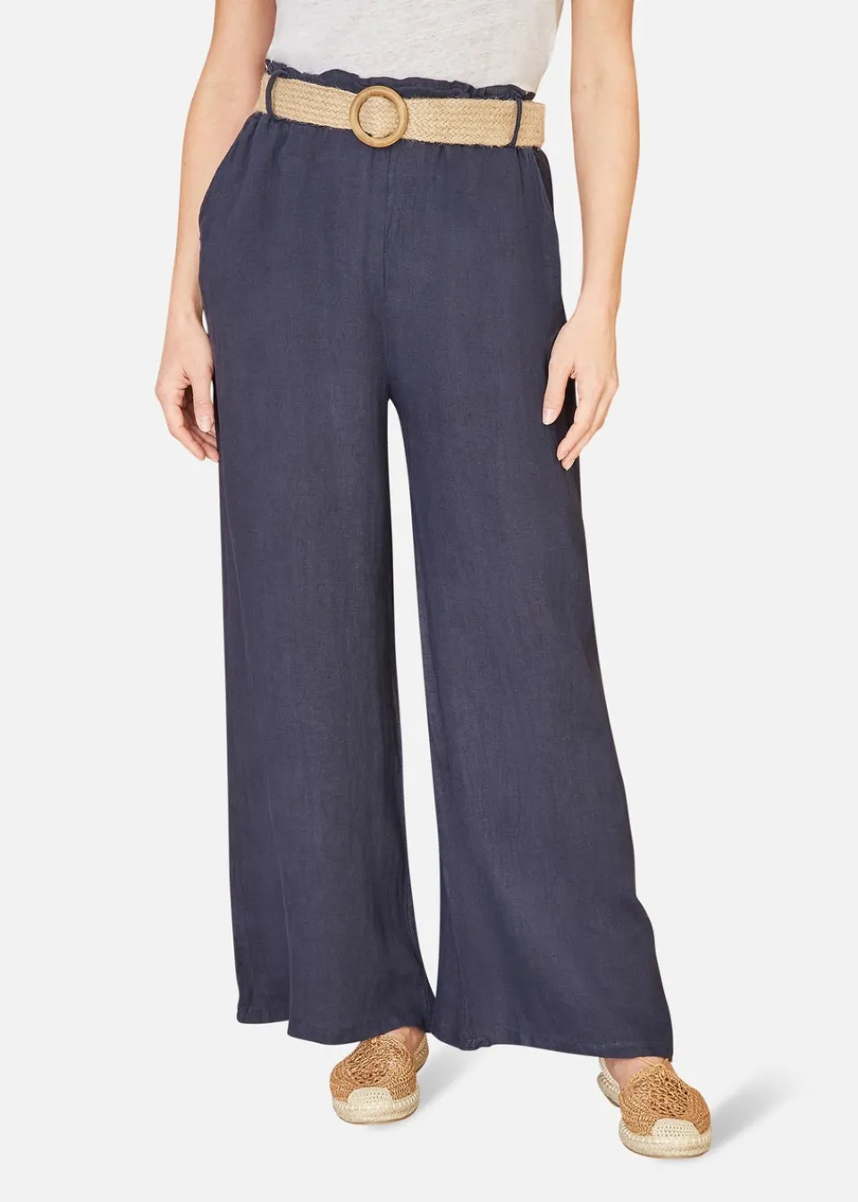 Trousers>Yumi Italian Linen Wide Leg Trousers With Belt Navy