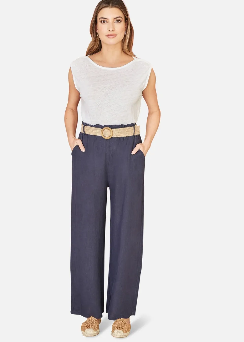 Trousers>Yumi Italian Linen Wide Leg Trousers With Belt Navy