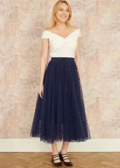 Skirts>Yumi Navy Mesh Heart Print Tulle Skirt