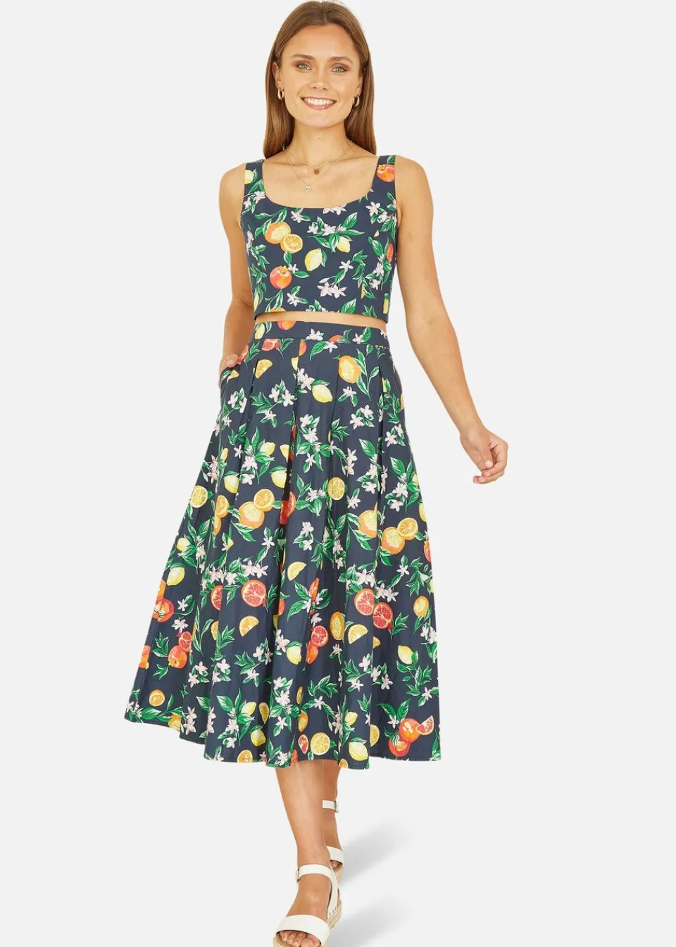 Skirts>Yumi Navy Organic Cotton Citrus Print Midi Skirt