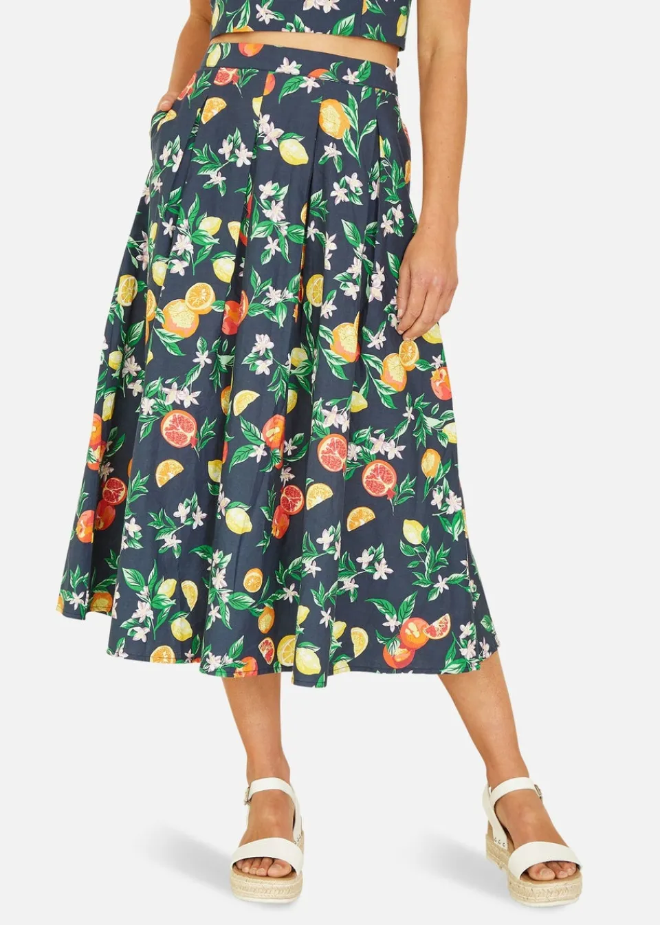 Skirts>Yumi Navy Organic Cotton Citrus Print Midi Skirt