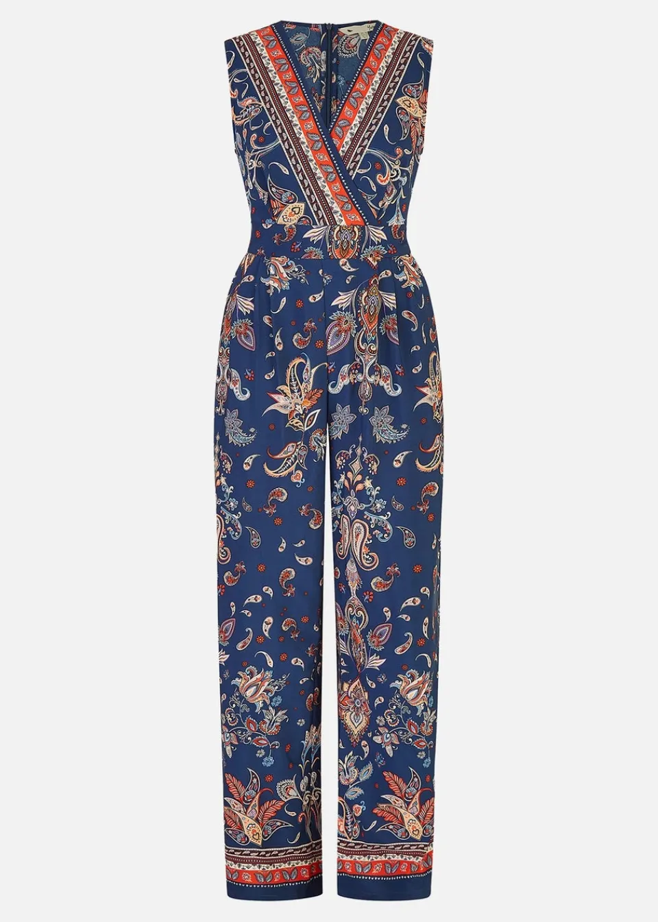 Jumpsuits & Playsuits>Yumi Navy Paisley Border Print Wrap Jumpsuit