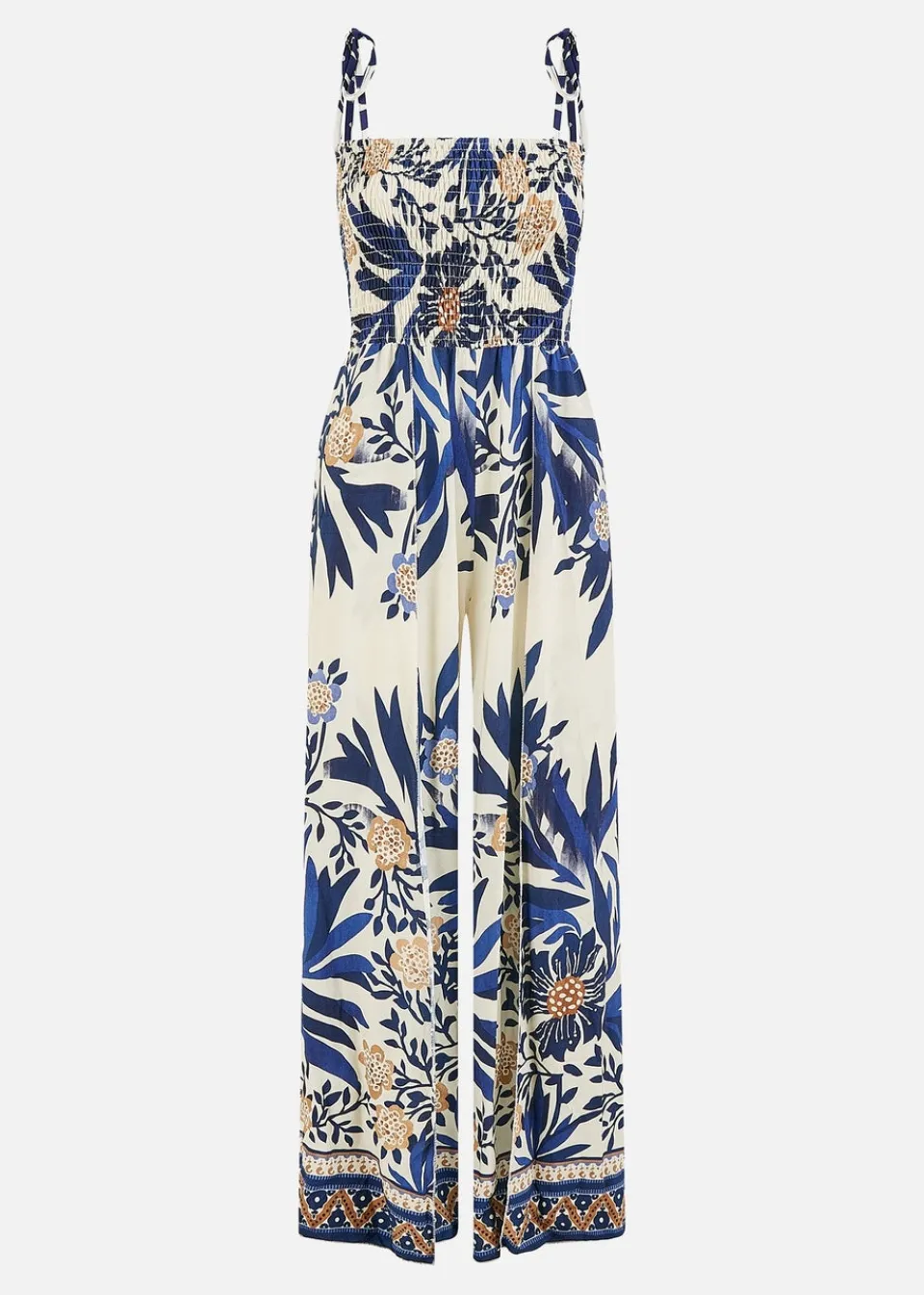 Jumpsuits & Playsuits>Yumi Navy Palm Print Strappy Viscose Jumpsuit