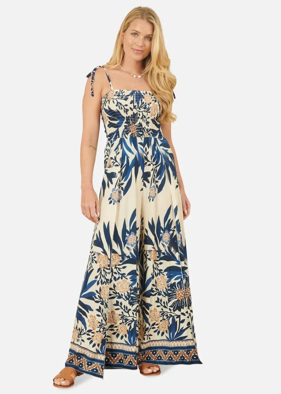 Jumpsuits & Playsuits>Yumi Navy Palm Print Strappy Viscose Jumpsuit