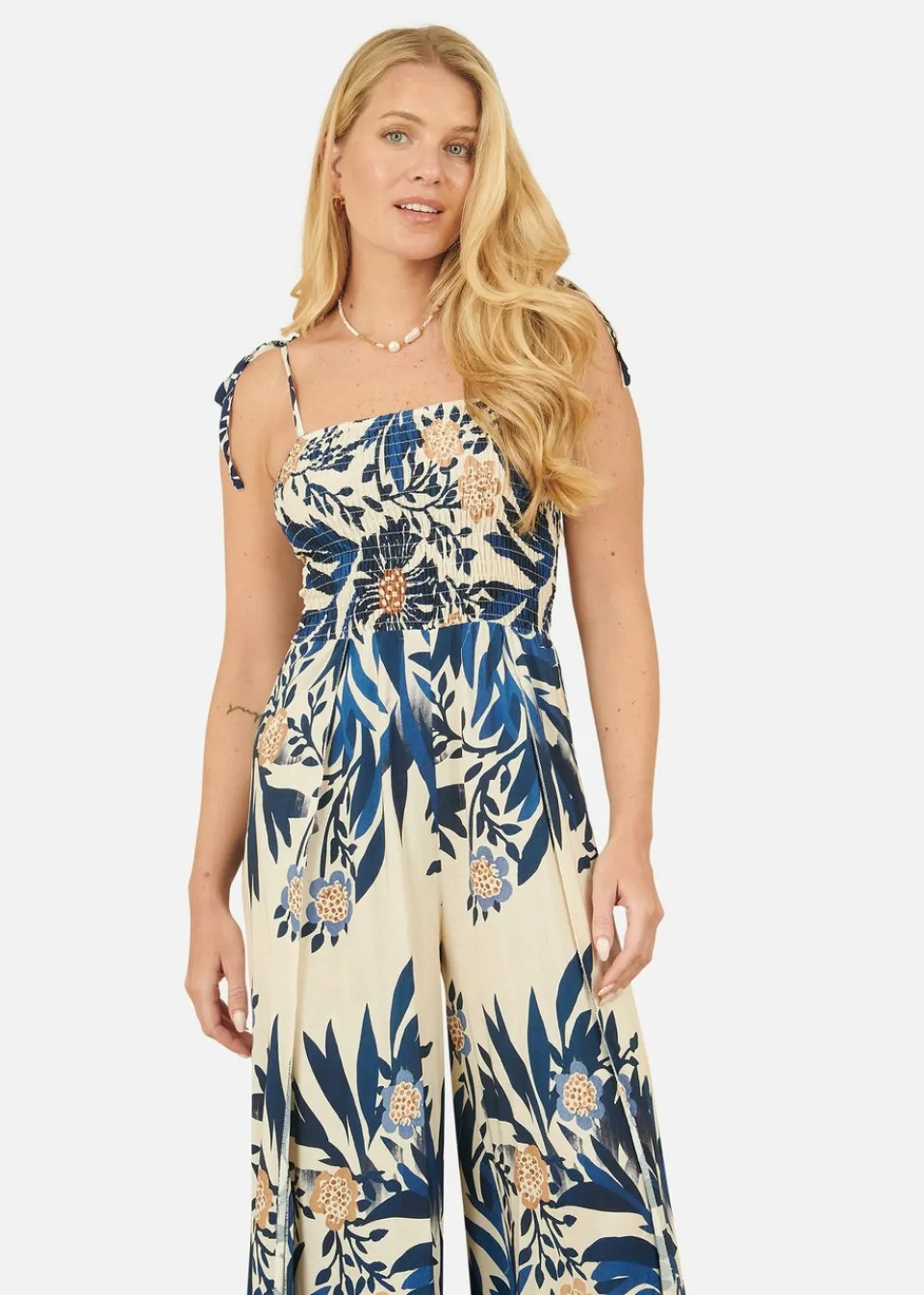 Jumpsuits & Playsuits>Yumi Navy Palm Print Strappy Viscose Jumpsuit