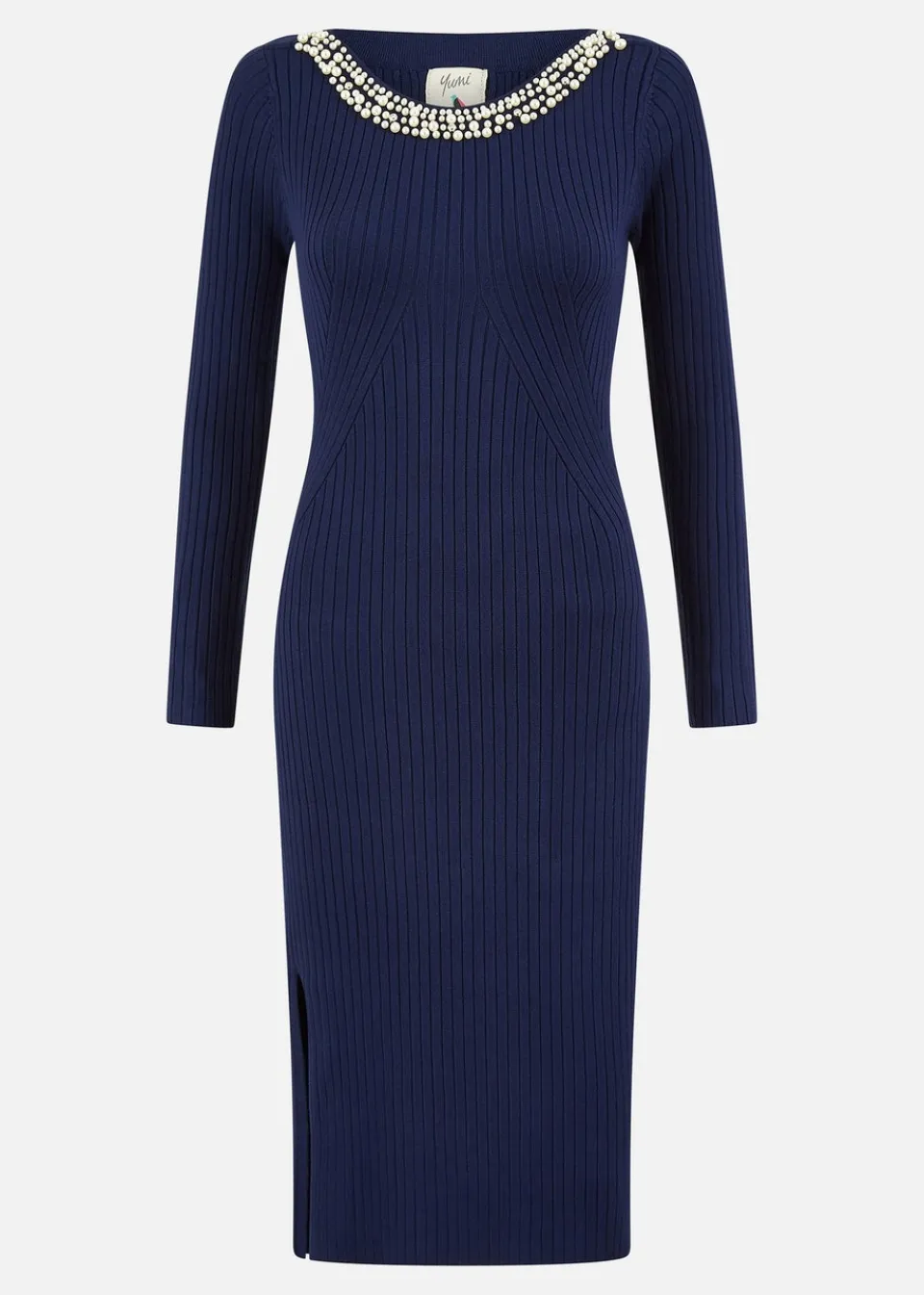 Knitwear>Yumi Navy Pearl Neckline Fitted Midi Knitted Dress