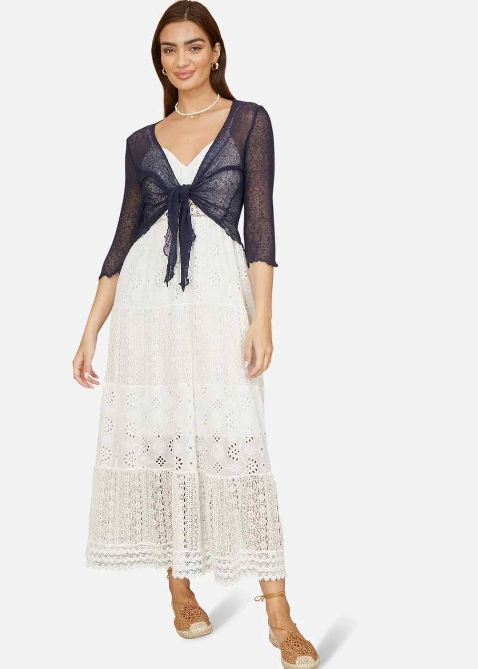 Knitwear>Yumi Navy Popcorn Yarn Tie Front Bolero