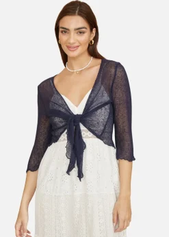 Knitwear>Yumi Navy Popcorn Yarn Tie Front Bolero