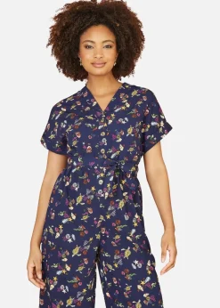 Jumpsuits & Playsuits>Yumi Navy Recycled Sealife Print Jumpsuit