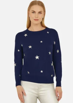 Tops>Yumi Navy Silver Foil Star Print Relaxed Fit Jumper