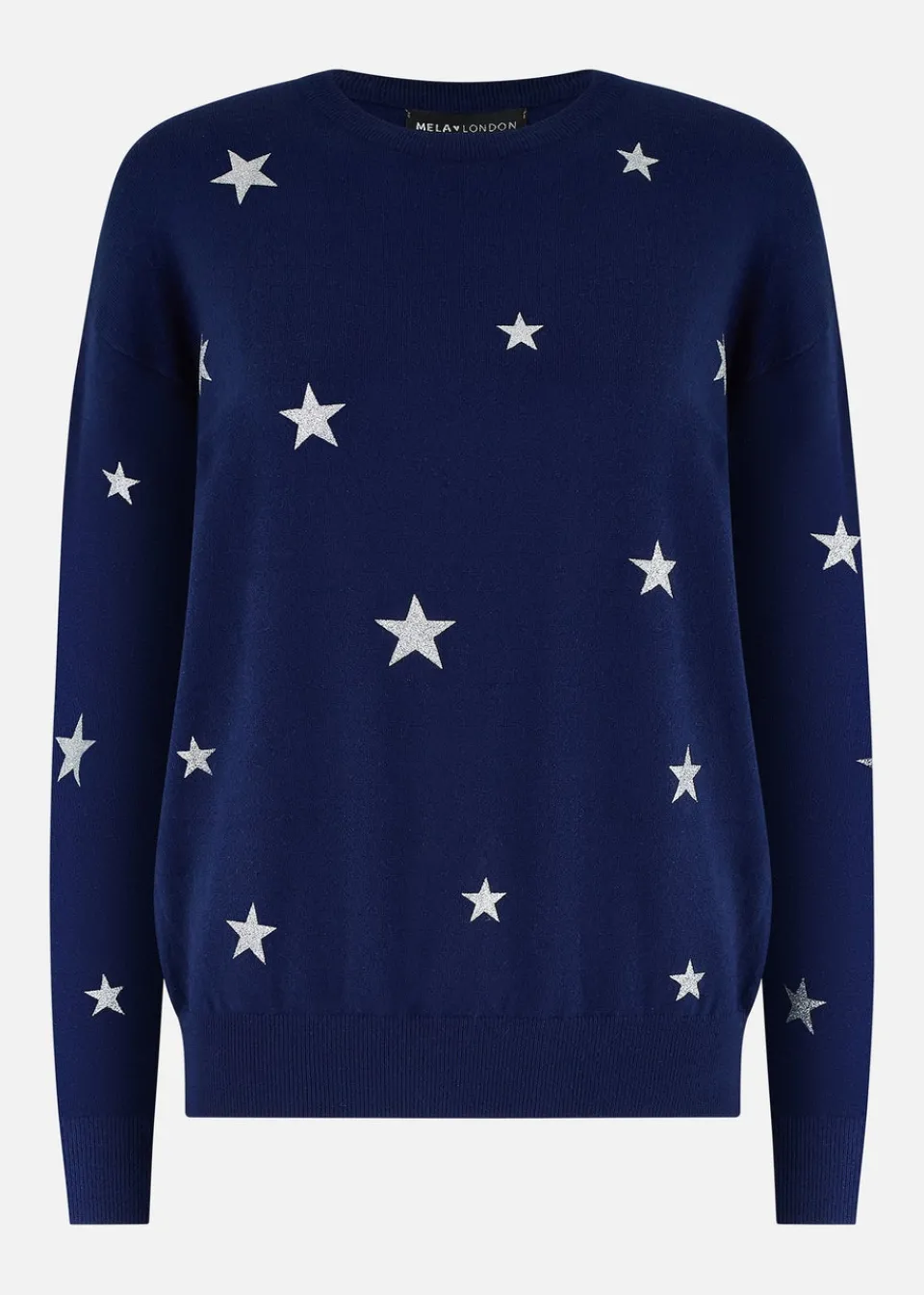 Tops>Yumi Navy Silver Foil Star Print Relaxed Fit Jumper