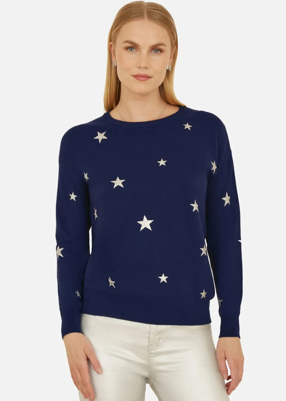 Tops>Yumi Navy Silver Foil Star Print Relaxed Fit Jumper