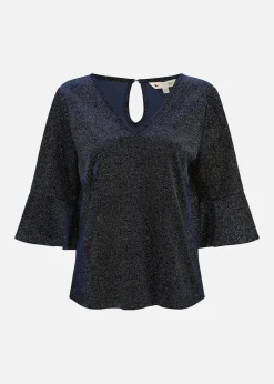 Tops>Yumi Navy Sparkle Velvet Relaxed Fit Top With Fluted Sleeves