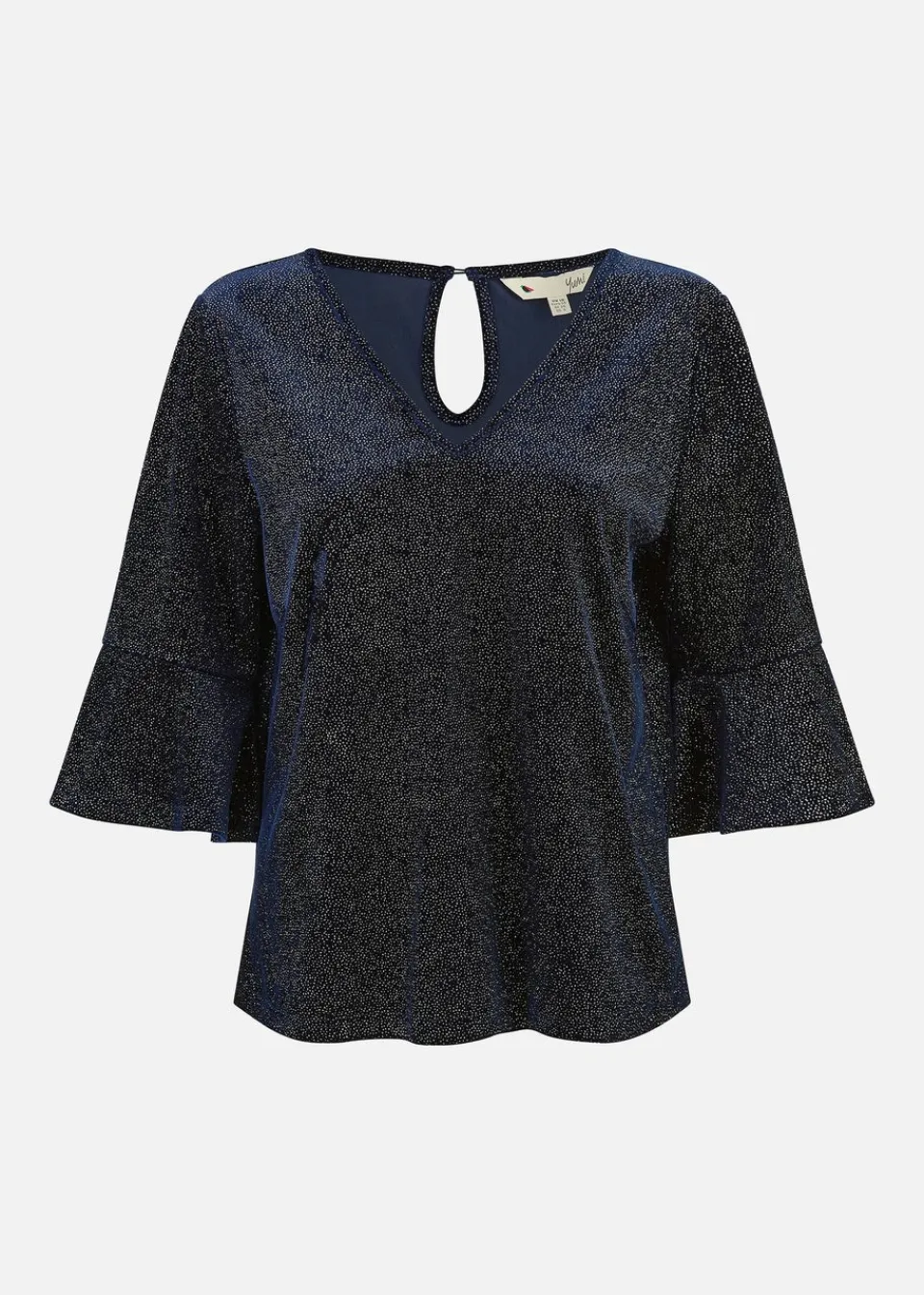 Tops>Yumi Navy Sparkle Velvet Relaxed Fit Top With Fluted Sleeves
