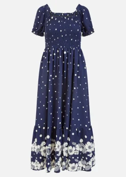 Dresses>Yumi Navy Spot & Floral Print Border Ruched Midi Dress