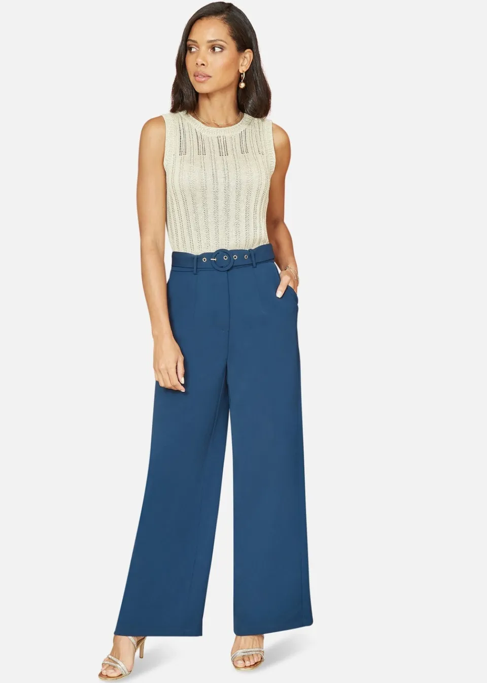 Trousers>Yumi Navy Straight Leg Crepe Trousers With Belt