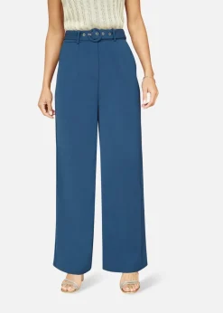Trousers>Yumi Navy Straight Leg Crepe Trousers With Belt
