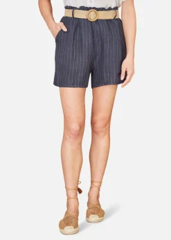 Shorts>Yumi Navy Striped Italian Linen Shorts With Belt