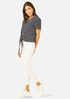 Tops>Yumi Navy Striped Jersey Button Detail Top