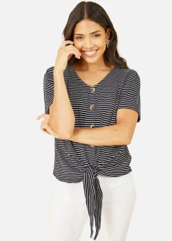 Tops>Yumi Navy Striped Jersey Button Detail Top