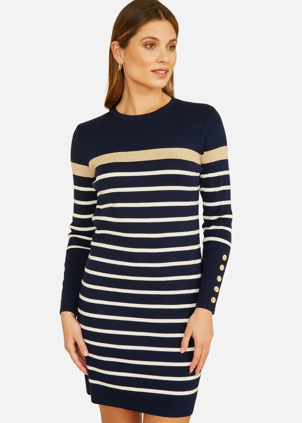 Knitwear>Yumi Navy Striped Knitted Dress With Button Cuff Detail