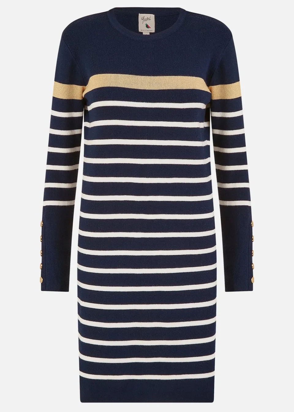 Knitwear>Yumi Navy Striped Knitted Dress With Button Cuff Detail