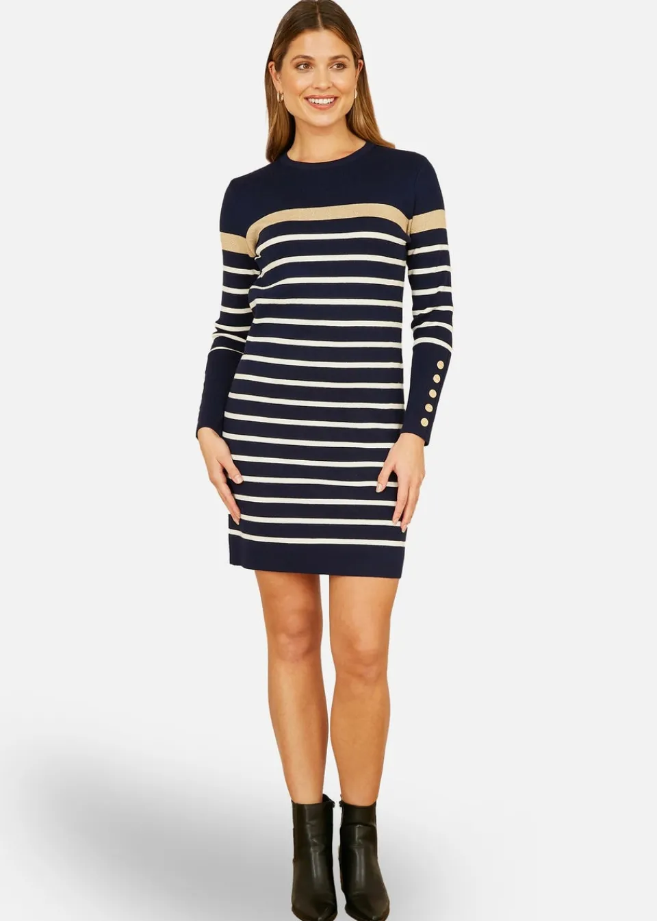 Knitwear>Yumi Navy Striped Knitted Dress With Button Cuff Detail