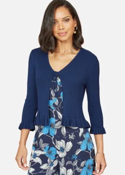 Knitwear>Yumi Navy Tie Up Ribbed Cardigan With Frill Hem