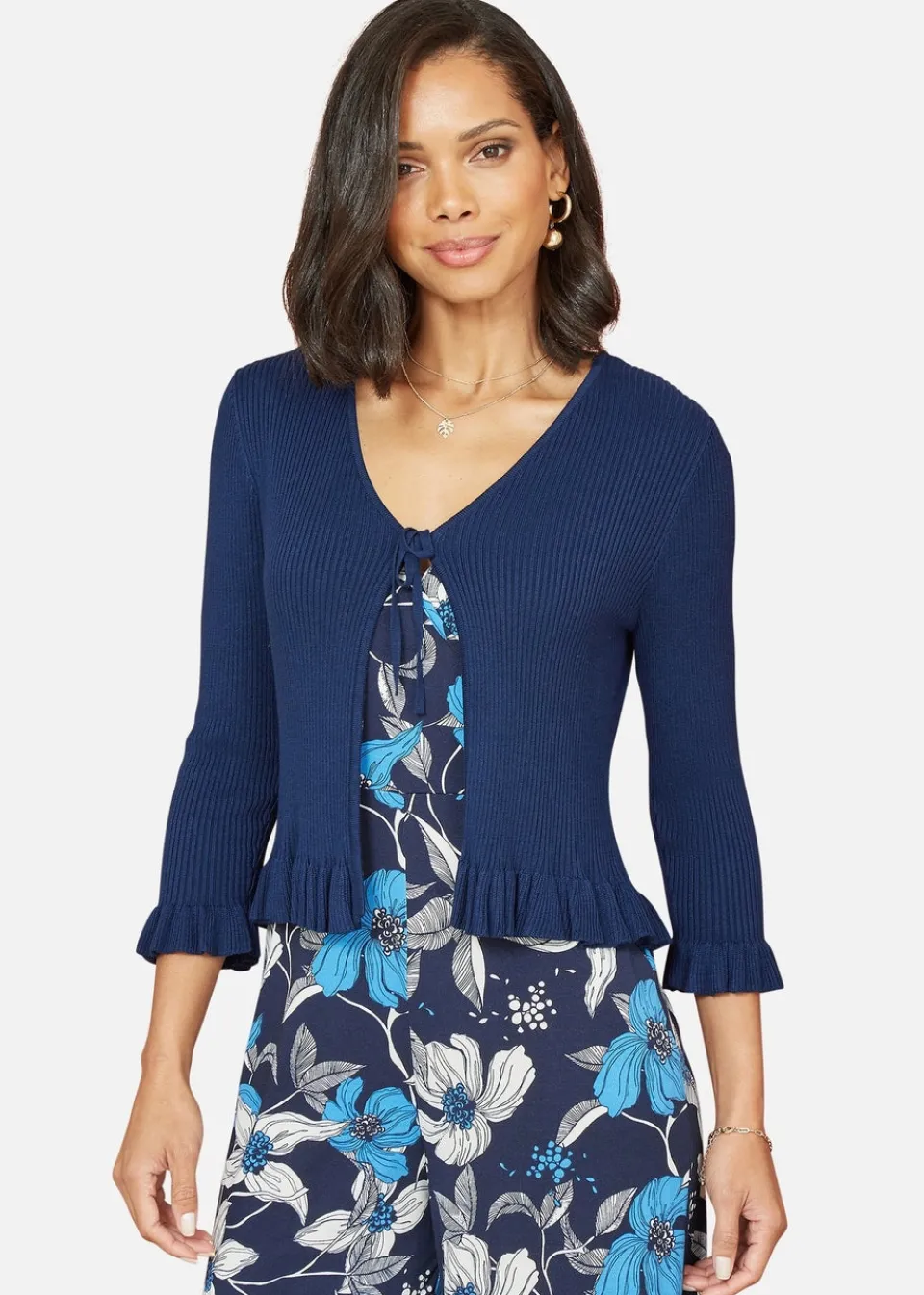 Knitwear>Yumi Navy Tie Up Ribbed Cardigan With Frill Hem