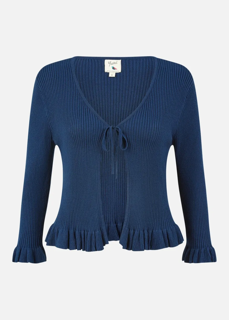Knitwear>Yumi Navy Tie Up Ribbed Cardigan With Frill Hem