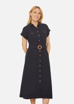 Dresses>Yumi Navy Viscose Linen Look Midi Shirt Dress With Wooden Belt