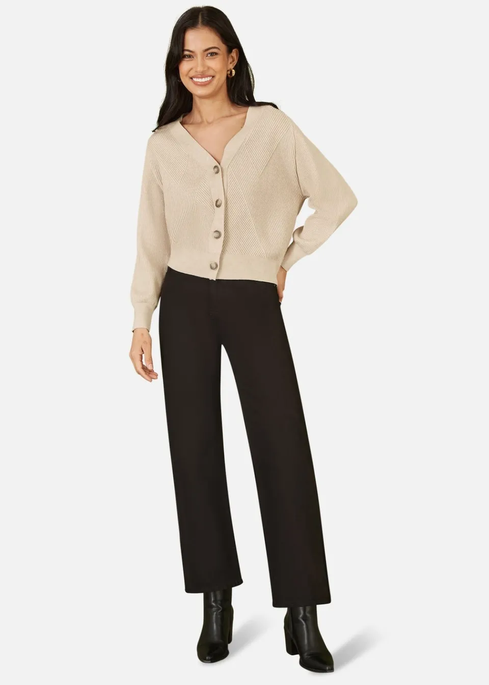 Tops>Yumi Oatmeal Relaxed Fit Cardigan With Stitch Detail
