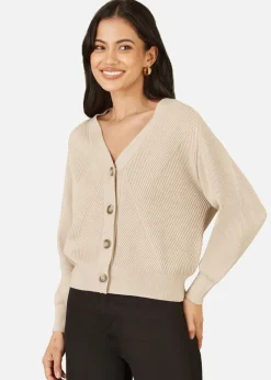 Tops>Yumi Oatmeal Relaxed Fit Cardigan With Stitch Detail