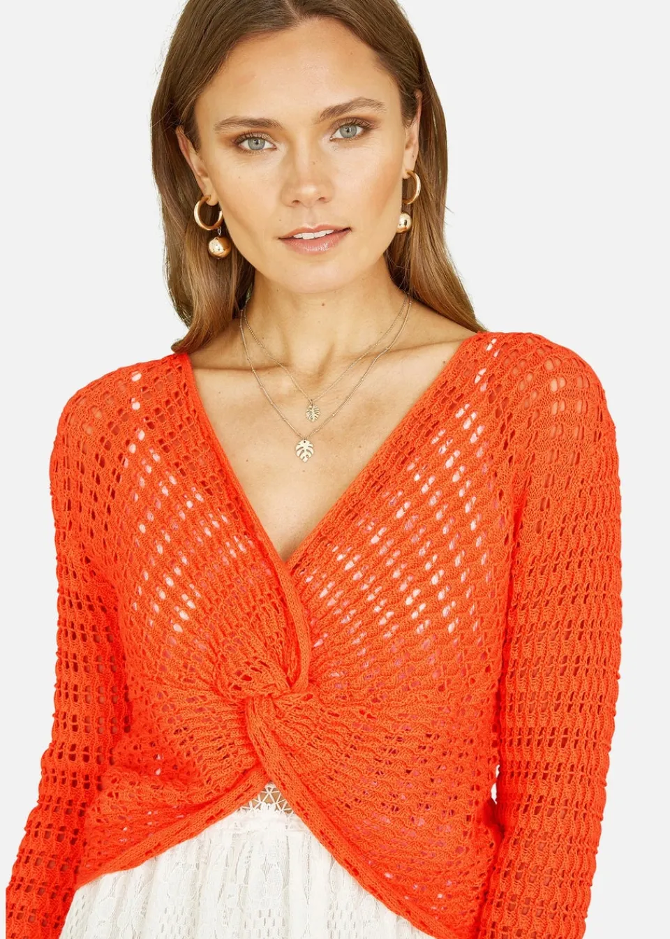 Tops>Yumi Orange Crochet Cotton Twisted Bolero Top