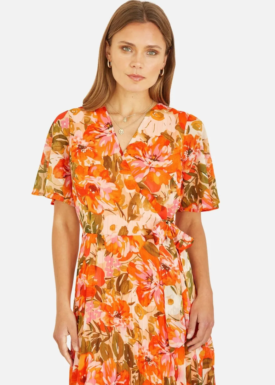 Dresses>Yumi Orange Floral Midi Wrap Pleated Dress