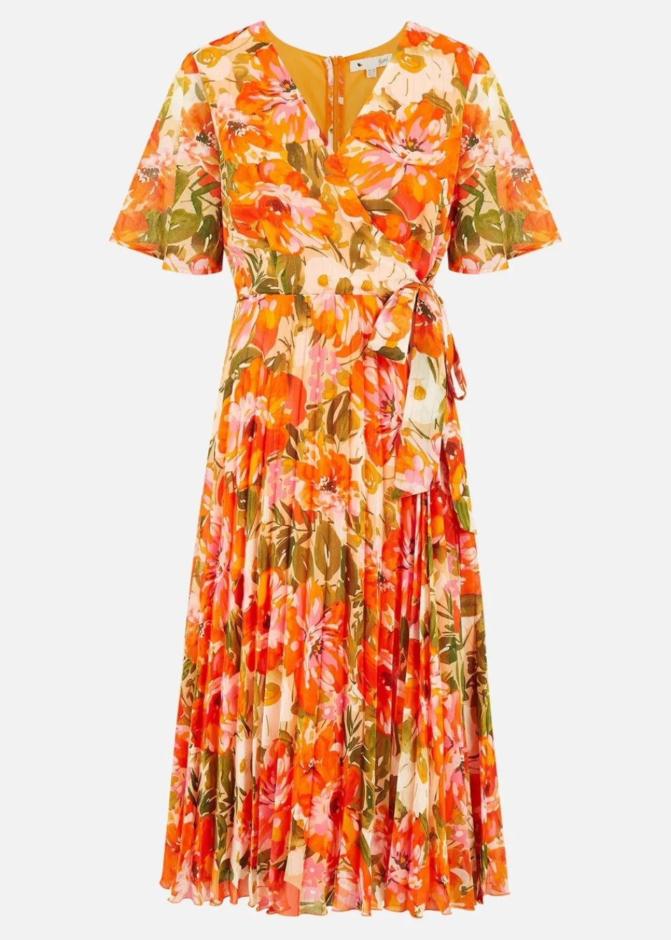 Dresses>Yumi Orange Floral Midi Wrap Pleated Dress