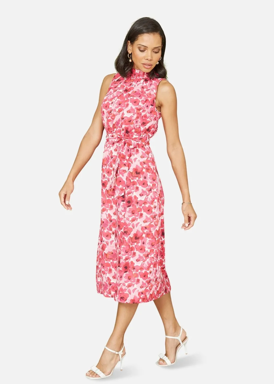 Dresses>Yumi Pink Blossom Print Halter Neck Midi Dress With Split Hem