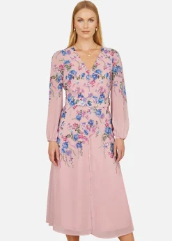 Dresses>Yumi Pink Floral Placement Button Down Midi Dress With Long Sleeves