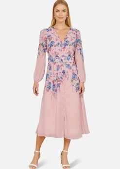 Dresses>Yumi Pink Floral Placement Button Down Midi Dress With Long Sleeves