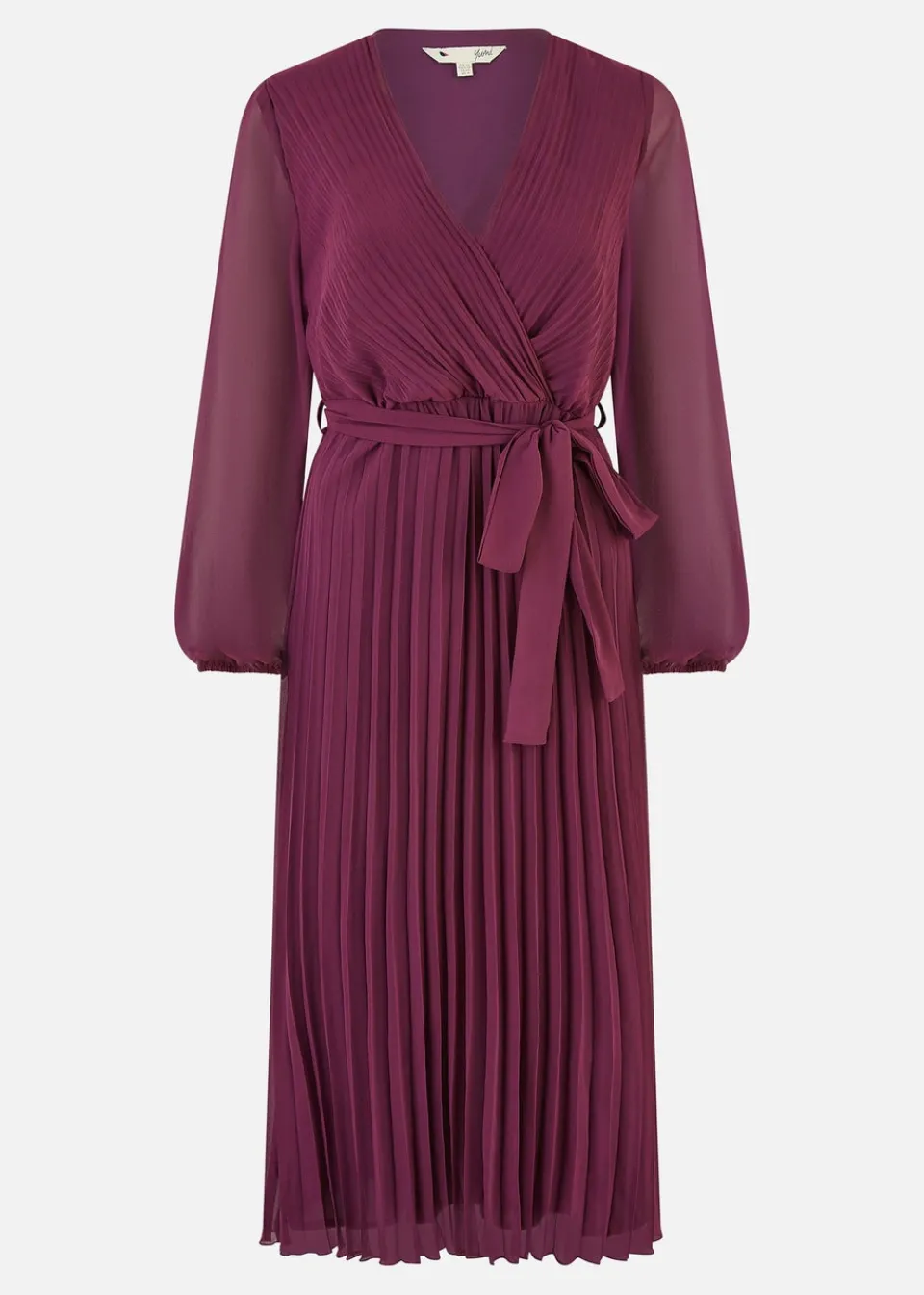 Dresses>Yumi Plum Pleated Wrap Midi Dress With Sheer Long Sleeves