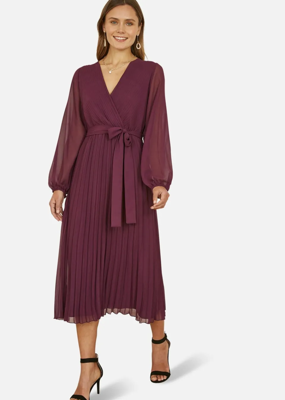 Dresses>Yumi Plum Pleated Wrap Midi Dress With Sheer Long Sleeves