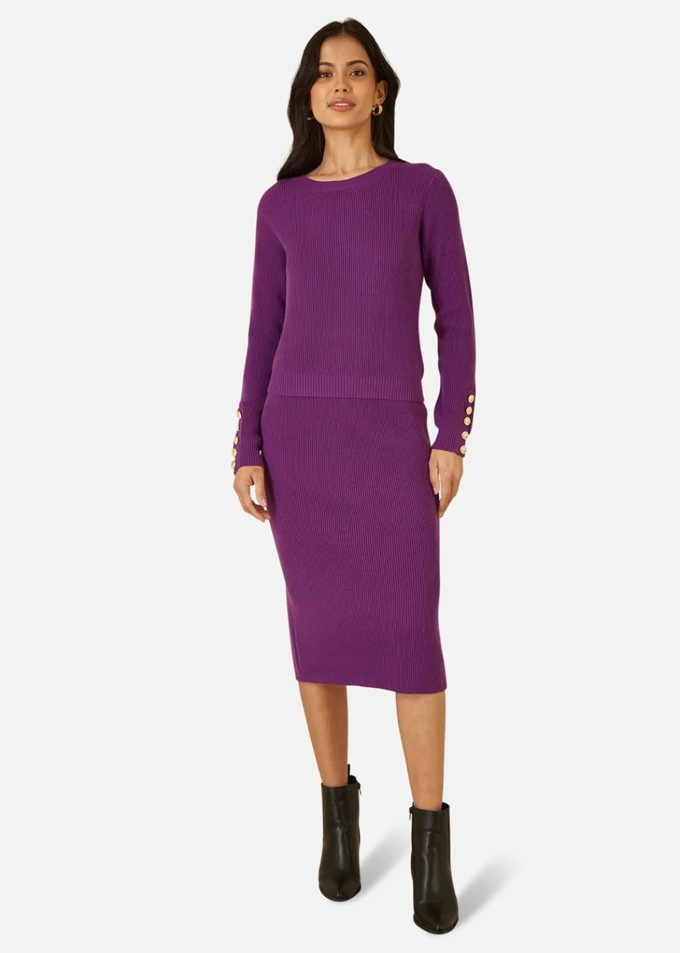 Tops>Yumi Purple Rib Knitted Jumper With Sleeve Button Detail
