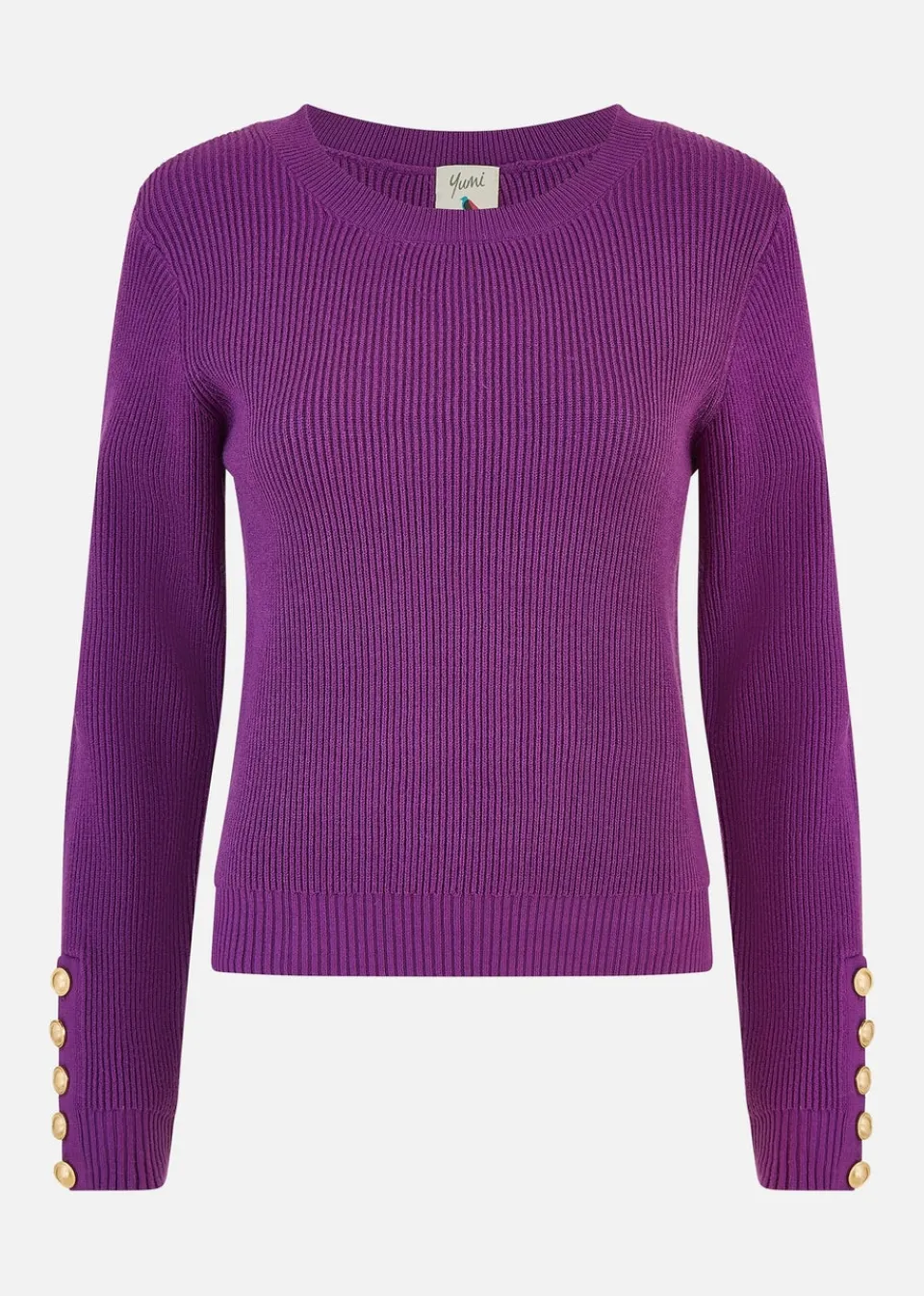 Tops>Yumi Purple Rib Knitted Jumper With Sleeve Button Detail