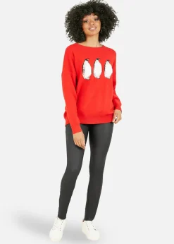 Tops>Yumi Red Christmas Festive Penguin Knitted Jumper